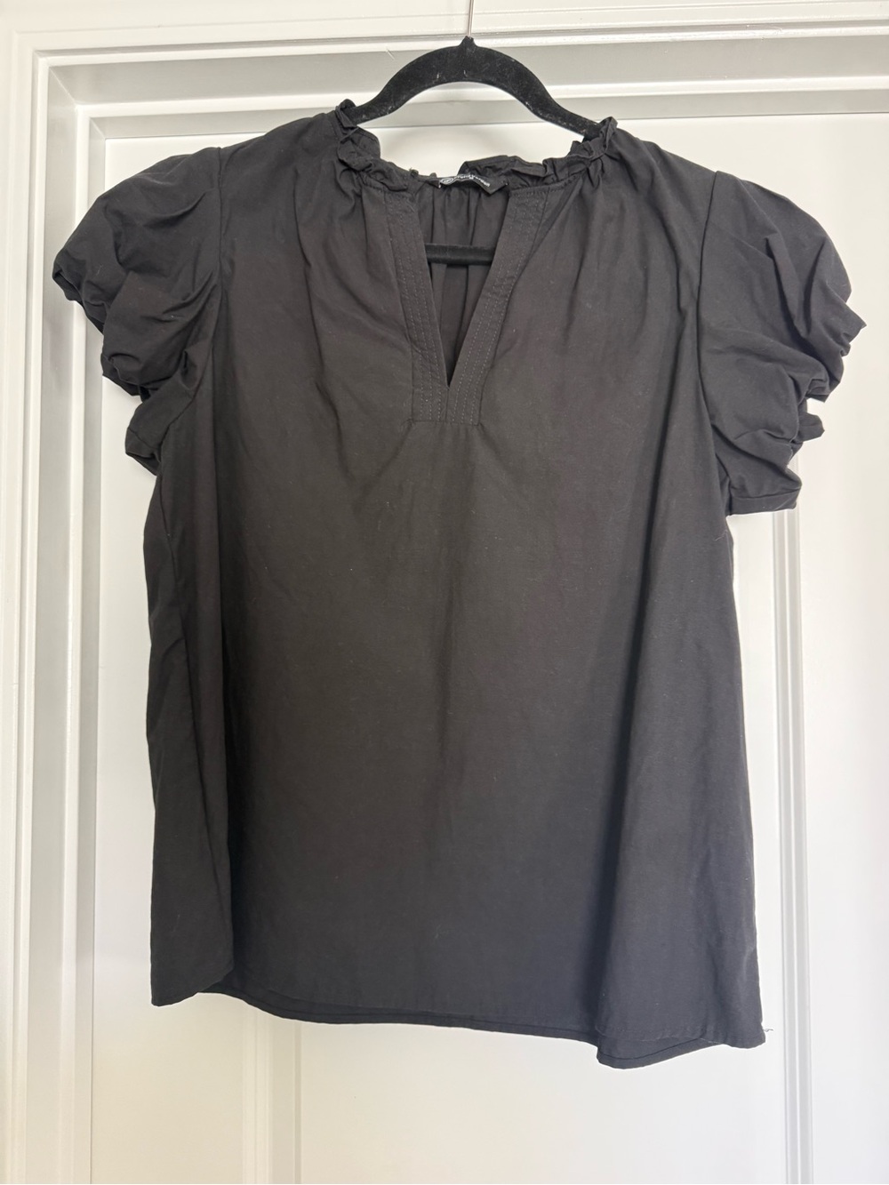 Black Puff-Sleeve Ruffle-Neck Blouse